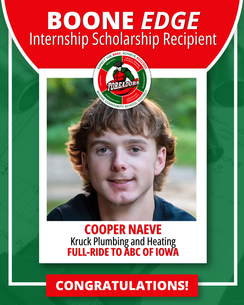 Boone EDGE internship scholarship recipient: Cooper Naeve, with congratulations message.