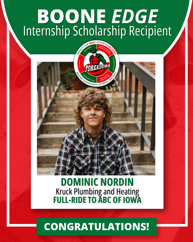 Boone EDGE internship scholarship recipient: Dominic Nordin, with congratulations message.