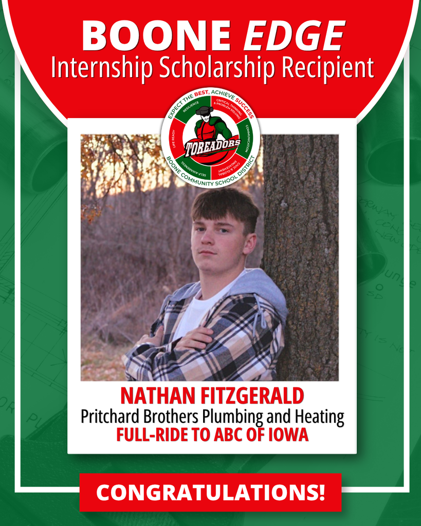 Boone EDGE internship scholarship recipient: Nathan Fitzgerald, with congratulations message.