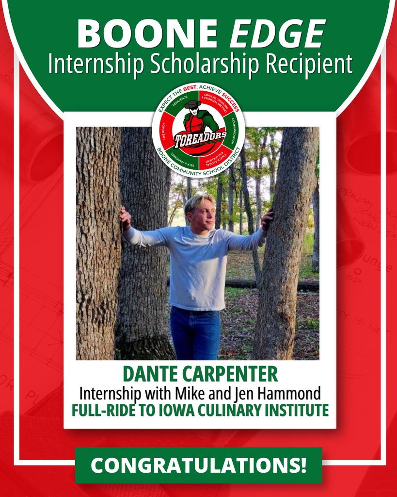 Boone EDGE internship scholarship recipient: Dante Carpenter, with congratulations message.