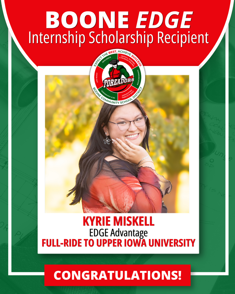 Boone EDGE internship scholarship recipient: Kyrie Miskell, with congratulations message.
