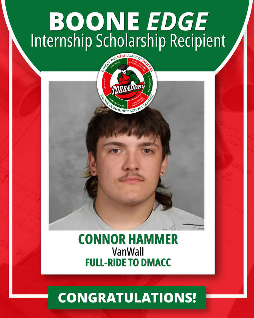Boone EDGE internship scholarship recipient: Connor Hammer, with congratulations message.