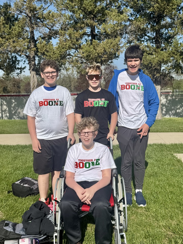 Four students wearing Boone shirts and standing together on green grass with trees in background.