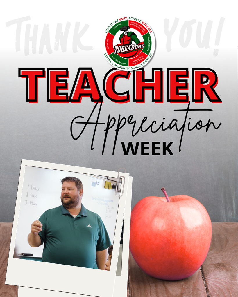 Thank you message for Teacher Appreciation Week featuring a red apple, school emblem, and a photo of a teacher standing by a whiteboard.