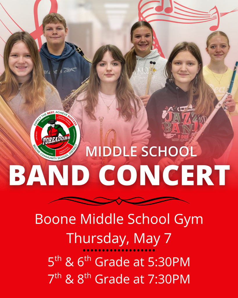 Six middle school students holding various band instruments stand in a hallway with musical notes in the background, promoting a band concert event.