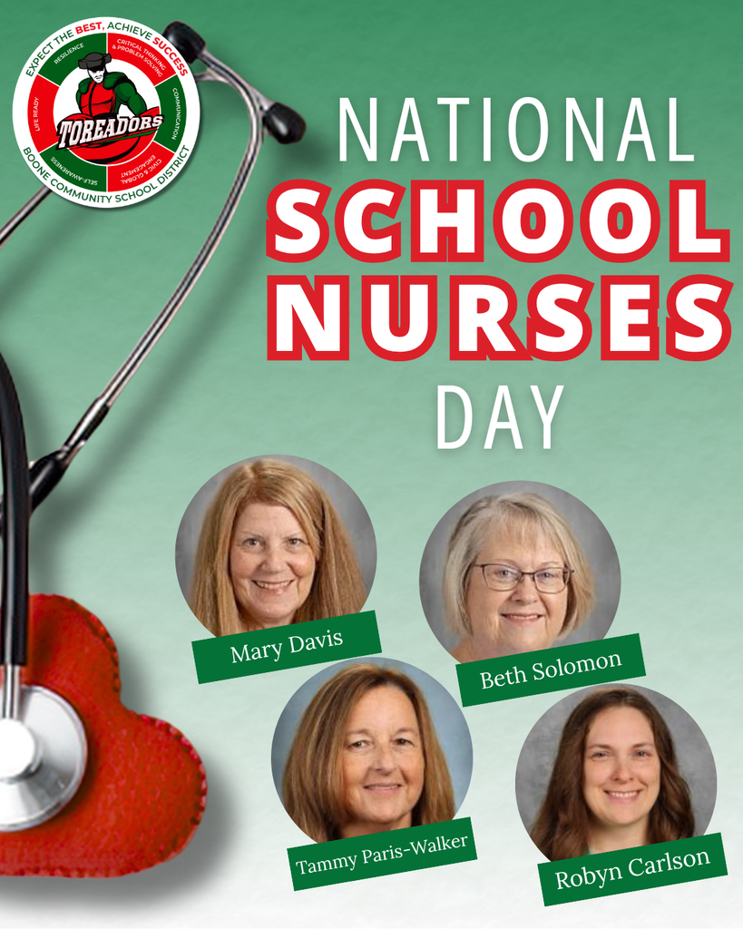 Stethoscope with a heart-shaped object beside text honoring National School Nurses Day and photos of four school nurses with names.