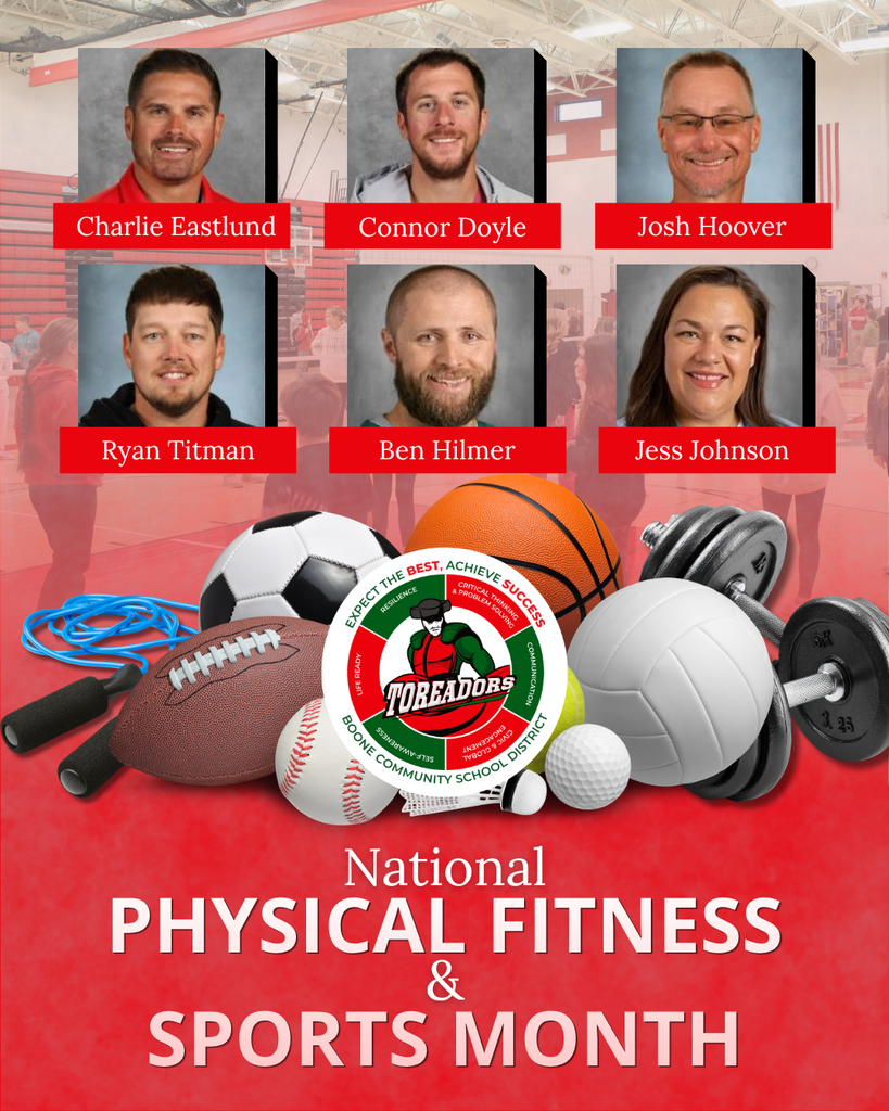Collage of six student portraits above various sports equipment promoting National Physical Fitness & Sports Month for Toreadors.