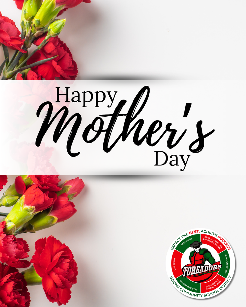 Red carnations frame a white card with elegant 'Happy Mother's Day' text in black script.
