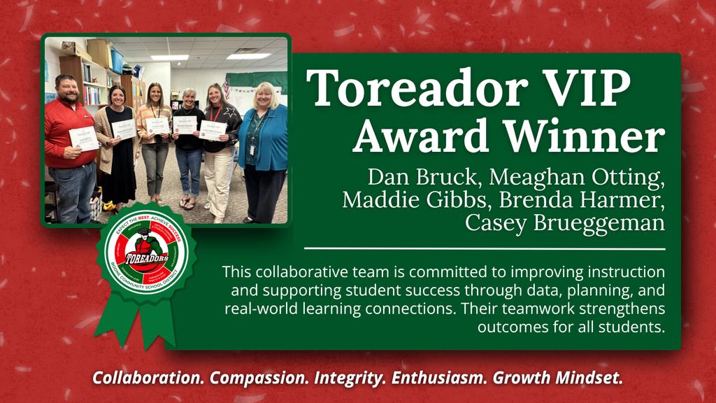 Six educators stand together holding certificates for the Toreador VIP Award, celebrating teamwork in student success.