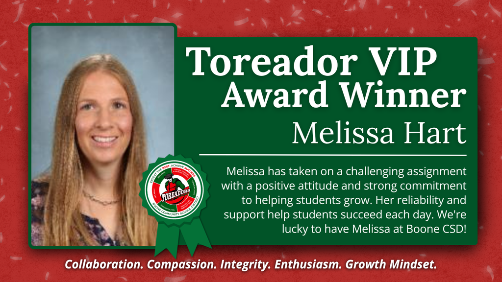 Portrait of Melissa Hart, recognized as Toreador VIP Award Winner for her dedication and positive impact at Boone CSD.