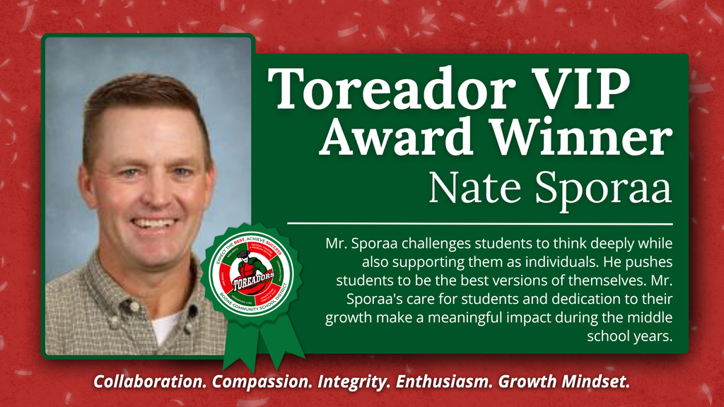 Portrait of Nate Sporaa, Toreador VIP Award Winner, recognized for inspiring student growth and individuality in middle school.