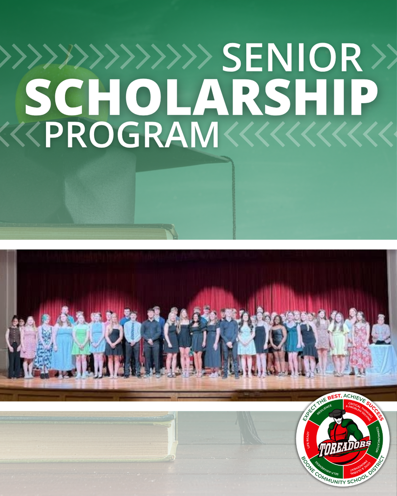 Group of senior students standing on stage during a scholarship award ceremony with a red curtain backdrop.