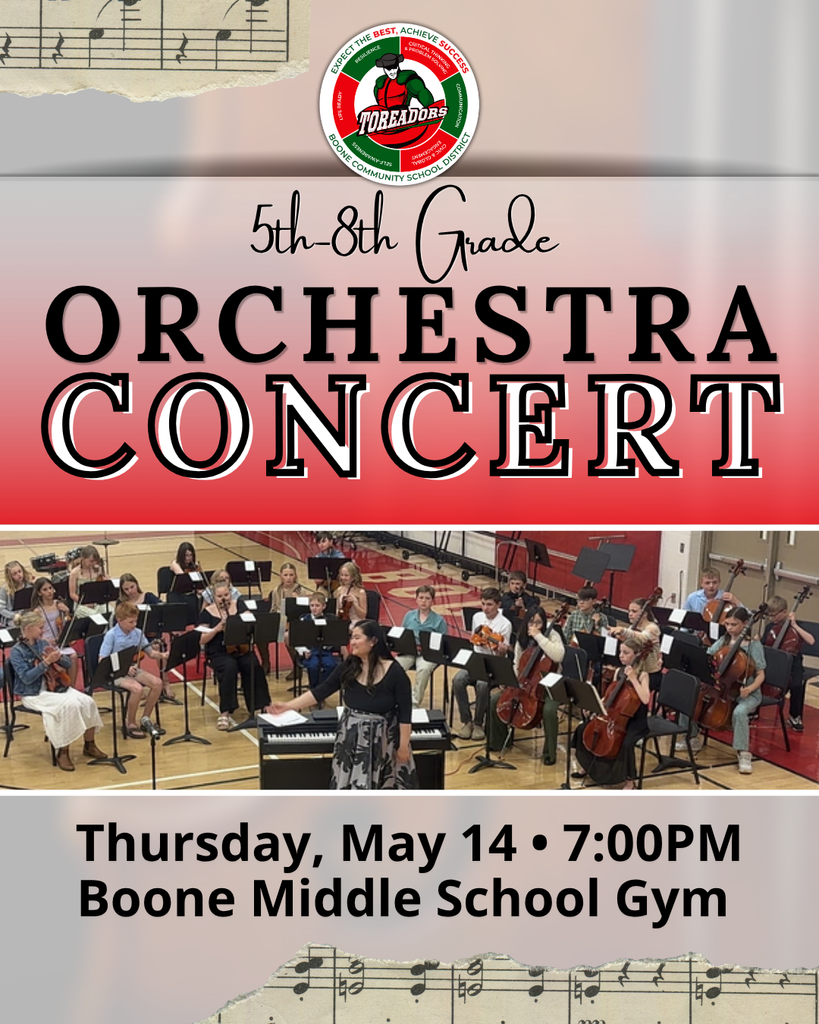 5th-8th grade orchestra performing in a school gymnasium under conductor's direction at Boone Middle School concert.