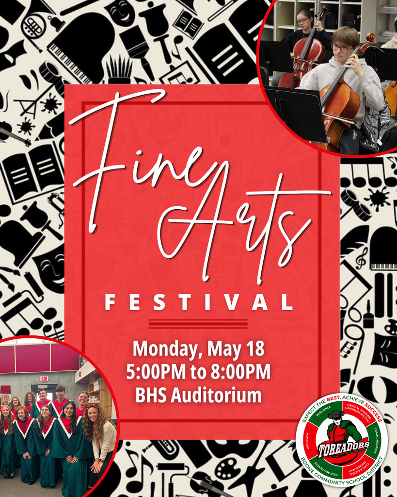 Fine Arts Festival announcement with event details and images of choir and cello players performing.