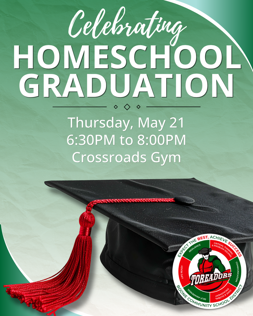 Black graduation cap with red tassel on green background announcing homeschool graduation on May 21 at Crossroads Gym.