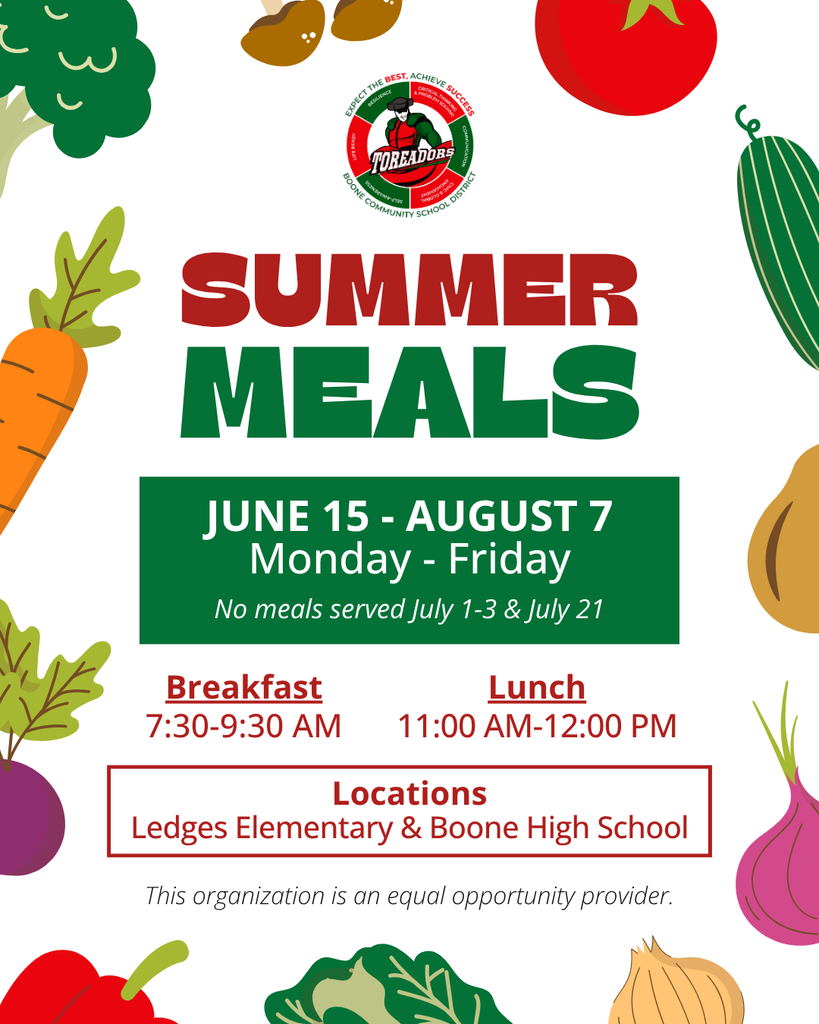 Summer meals program from June 15 to August 7, Monday to Friday, with breakfast and lunch at Ledges Elementary and Boone High School.