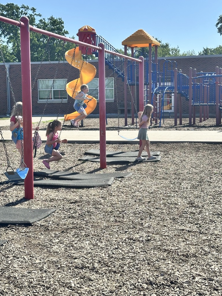 Children swing and play on a sunny school playground with slides, climbing structures, and wood-chip ground cover.