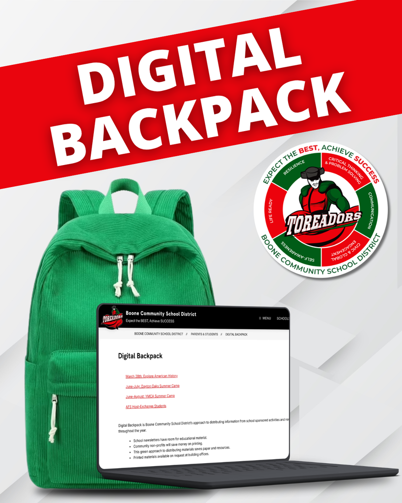 Green backpack with a laptop displaying Boone Community School District's Digital Backpack webpage and the district logo nearby.