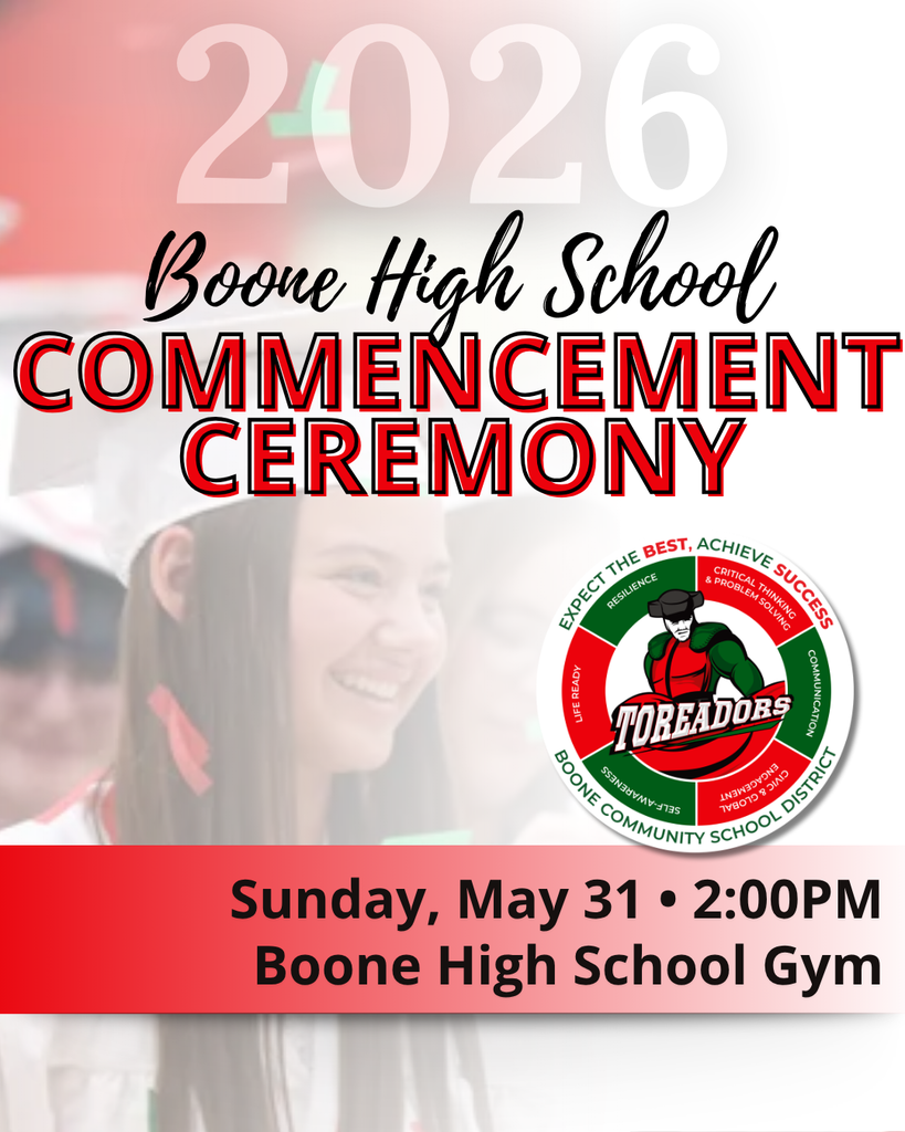 Boone High School 2026 commencement ceremony announcement with event details and Toreadors logo on a red and white background.