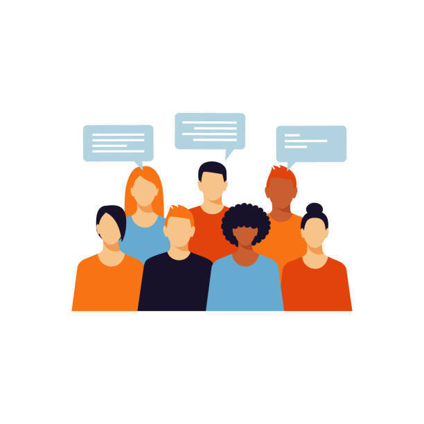 Clip art of 7 young adults or adults with thought bubbles above 3 of their heads