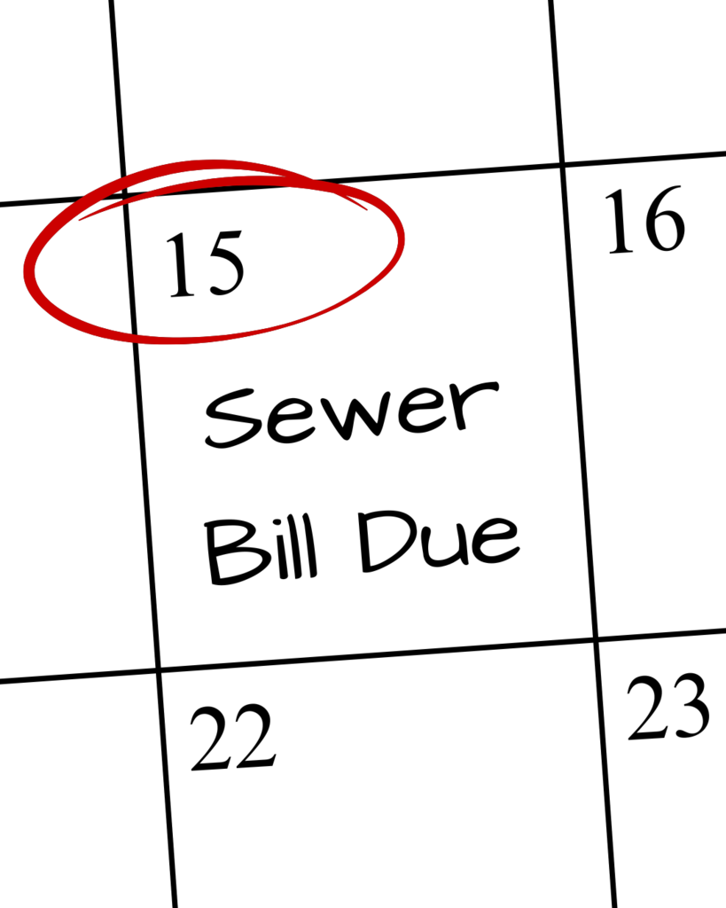 calendar image showing the 15th circled in red saying "Sewer Bill Due"