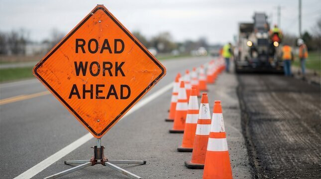 orange traffic sign saying road work ahead
