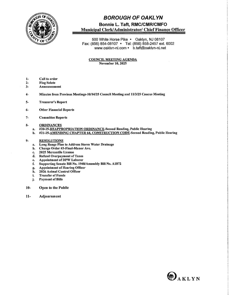 November Council Meeting Agenda