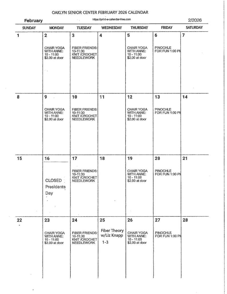 February 2026 Senior Center Calendar