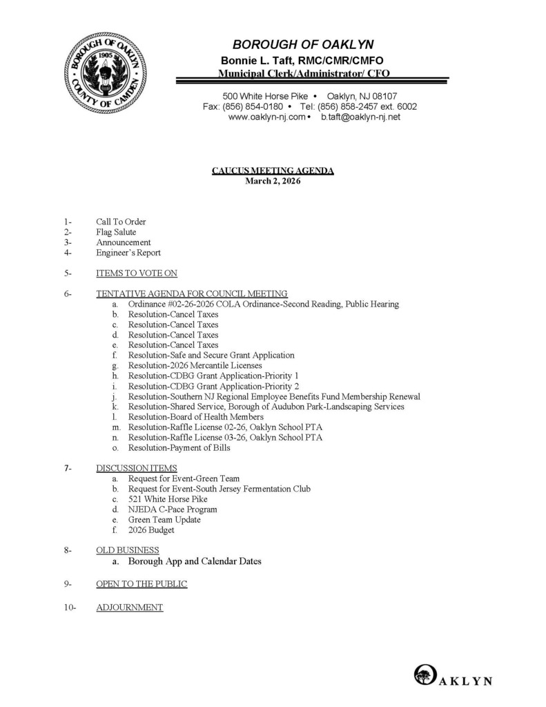 March 2026 Caucus Meeting Agenda