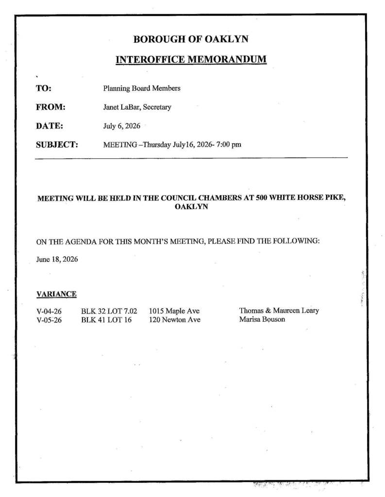 July 2026 Planning Board Meeting Agenda