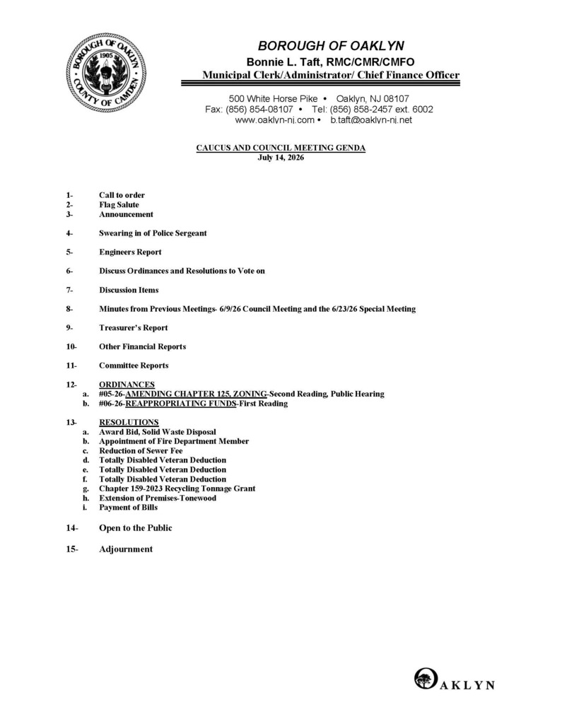 July 2026 Caucus/Council Mtg Agenda