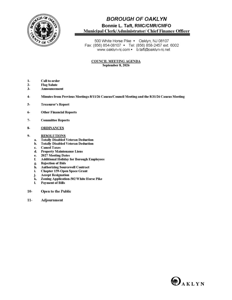 September 8, 2026 Council Meeting Agenda