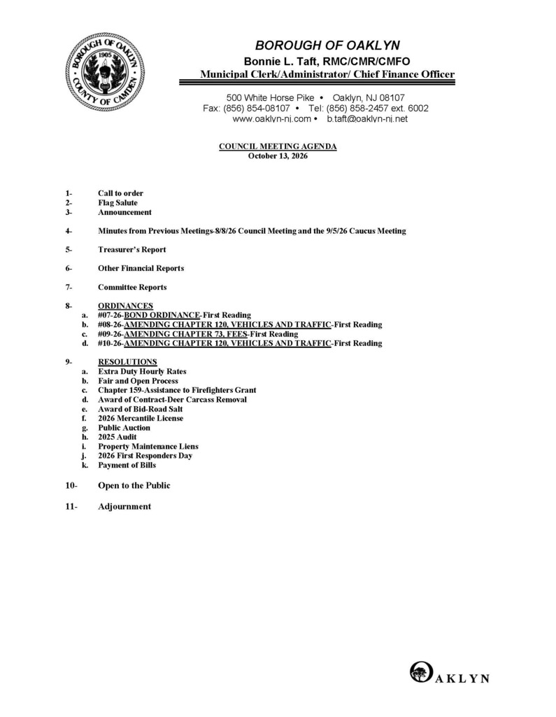 October 2026 Council Meeting Agenda