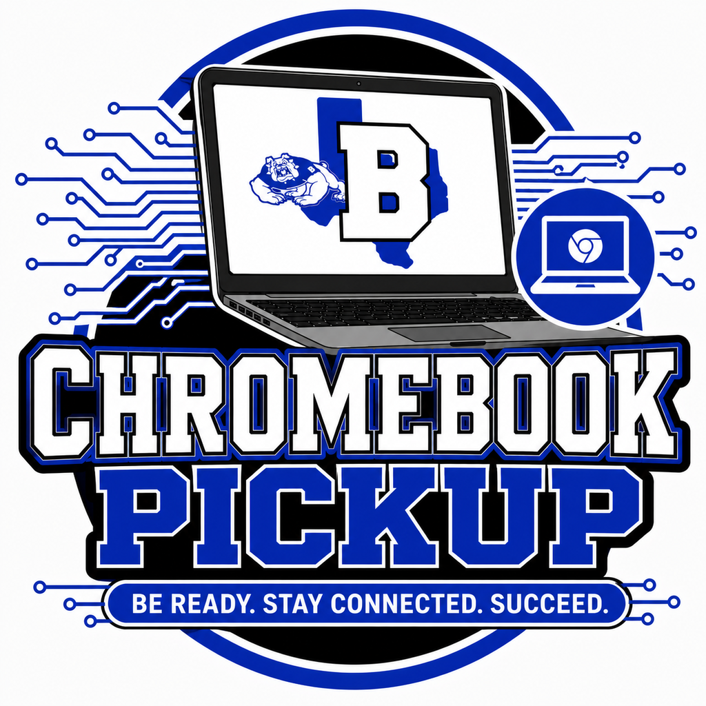 Chromebook PickUp logo featuring an open laptop, a bulldog mascot with a letter 'B' over the state of Texas, tech circuit patterns, and the slogan "Be Ready. Stay Connected. Succeed."