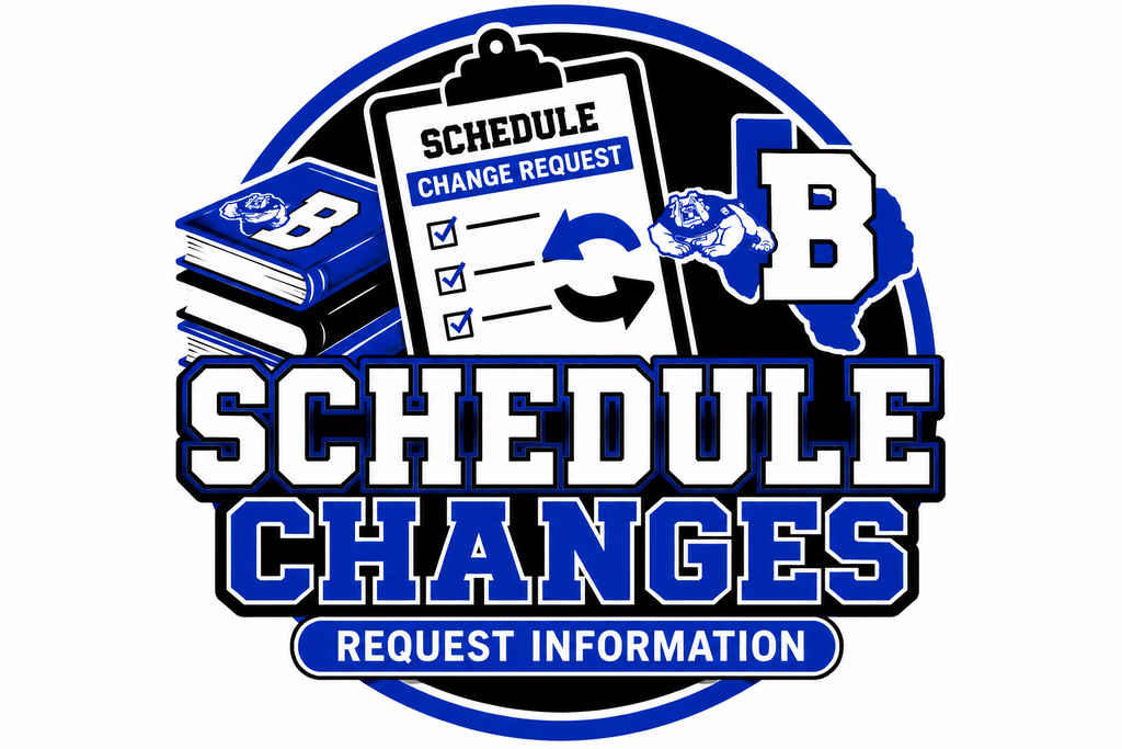 Bosqueville High School Schedule Changes Request Information graphic with clipboard, books, and school logo.
