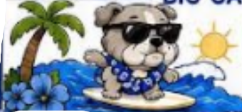 Bulldog wearing sunglasses and a Hawaiian shirt, surfing on a wave beside a palm tree and tropical flowers.