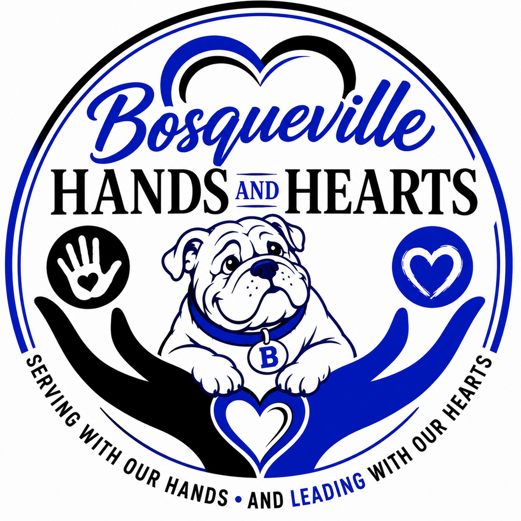 Bosqueville Hands and Hearts logo featuring a caring bulldog, helping hands, and a heart in blue, black, and white.