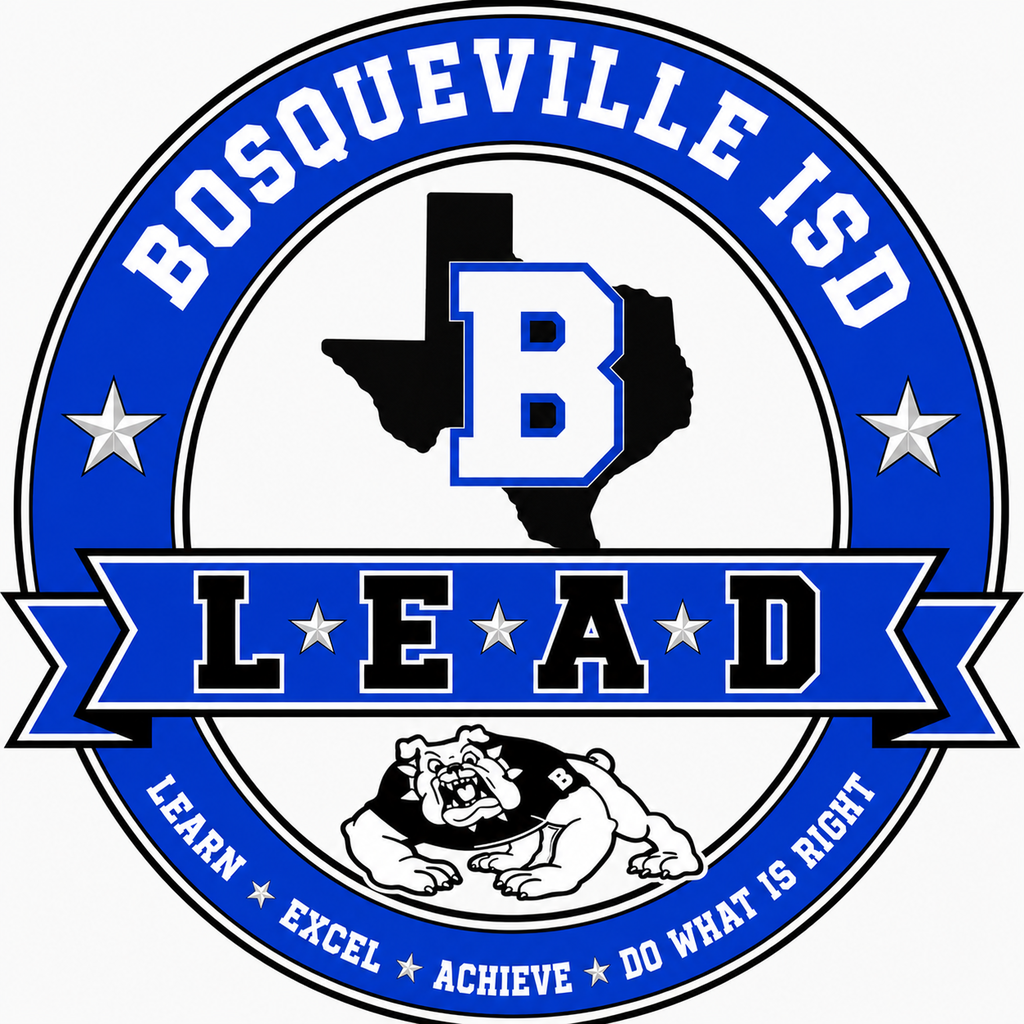 "Bosqueville ISD logo featuring a bulldog mascot, the state of Texas outline, and the motto 'Learn, Excel, Achieve, Do What Is Right'