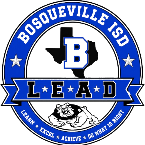 "Bosqueville ISD logo featuring a bulldog mascot, the state of Texas outline, and the motto 'Learn, Excel, Achieve, Do What Is Right'