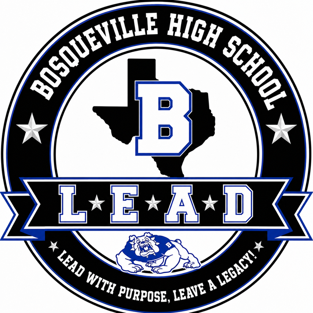 "Bosqueville ISD logo featuring a bulldog mascot, the state of Texas outline, and the motto 'Learn, Excel, Achieve, Do What Is Right'