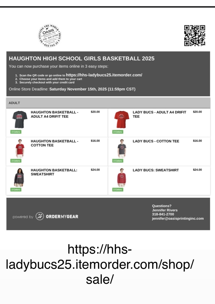 Graphic showing tee shirt options with a link and QR code to site