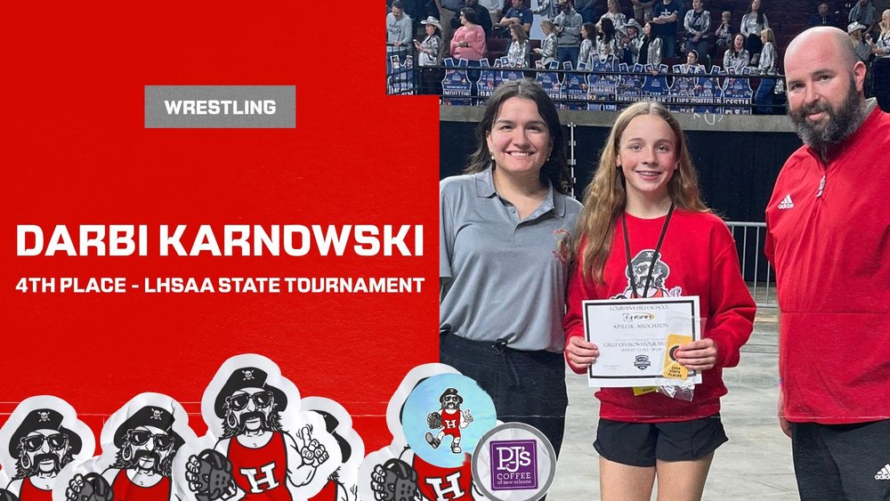 Pictured left to right Coach Brittany, Darbi Karnowski, and Coach O'Nishea celebrating her 4th place finish at the LHSAA State Tournament