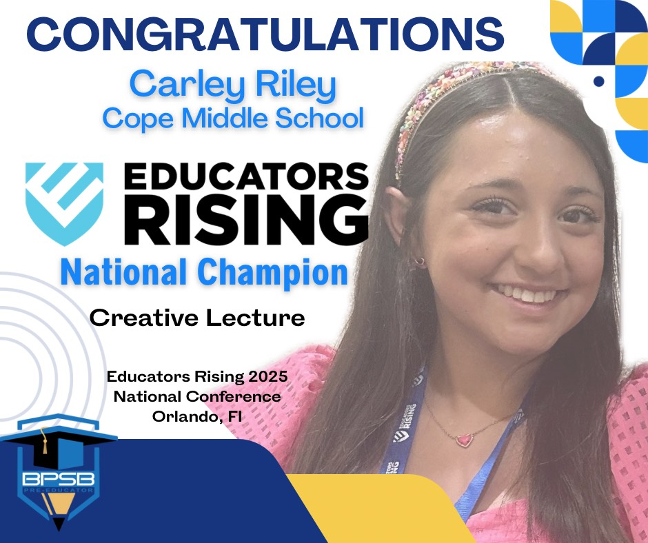 Photo of Carley Riley with text "Congratulations to Carley Riley, Educators Rising National Champ in Creative Lecture"