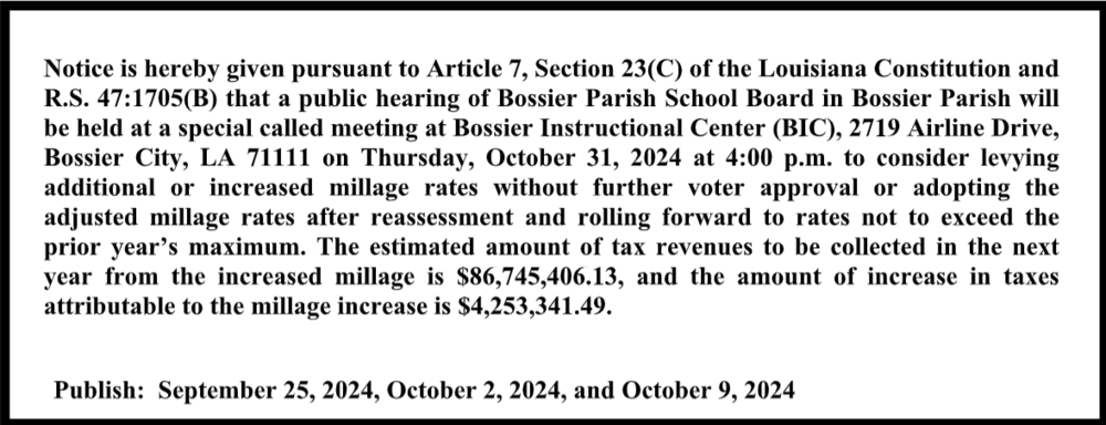 Notice that a public hearing will be held at 4 p.m. October 31, 2024