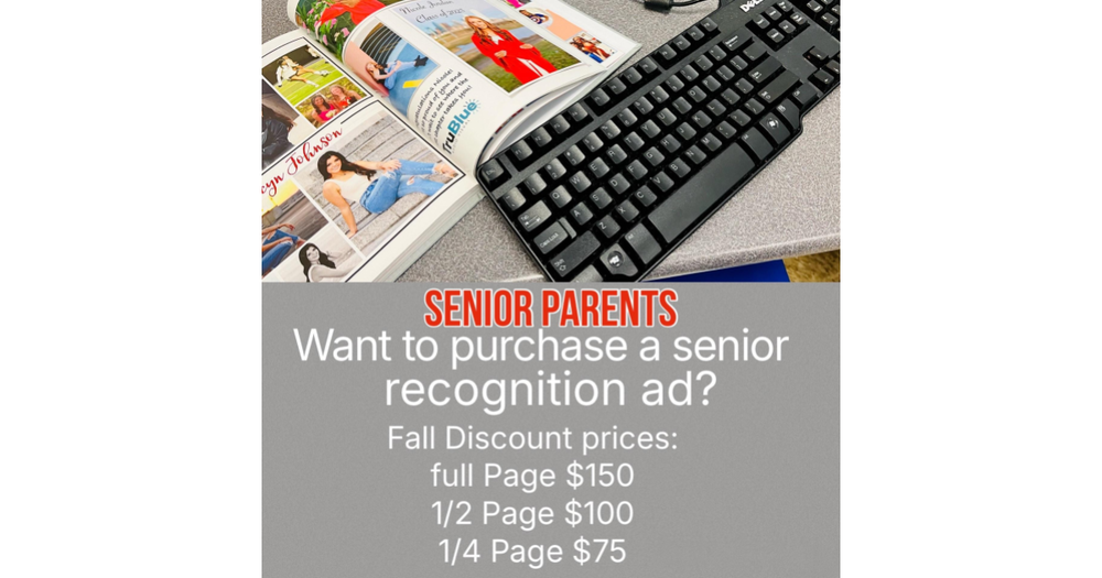 Image shows senior ads from past yearbooks and lists the prices for the current available ads.