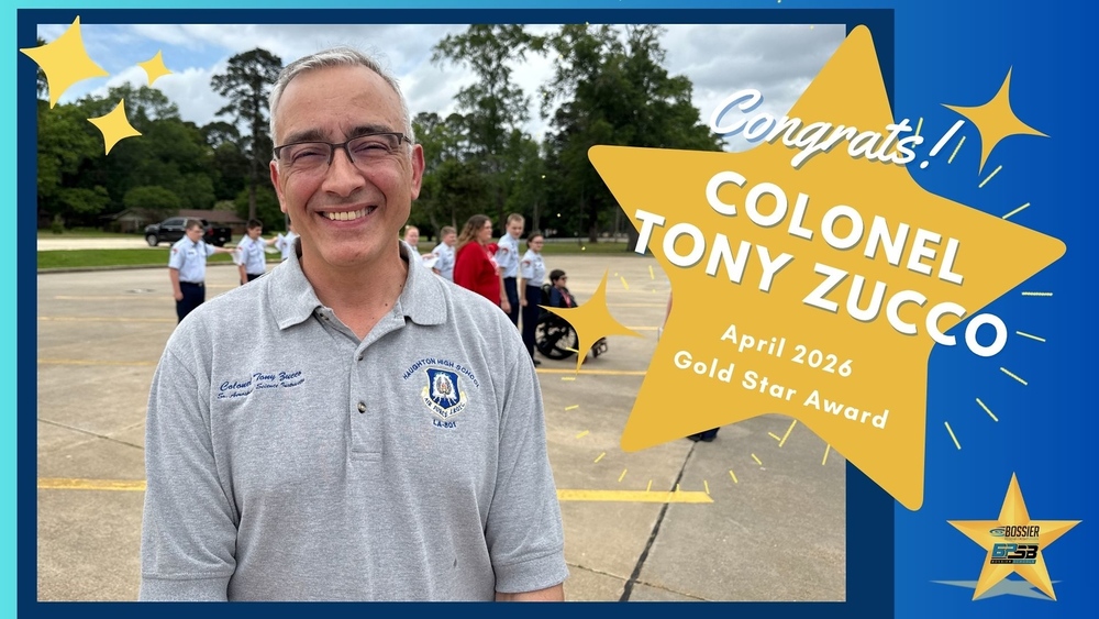 Photo of Col. Tony Zucco with text that reads "Congrats Colonel Tony Zucco, April 2026 Gold Star Award"