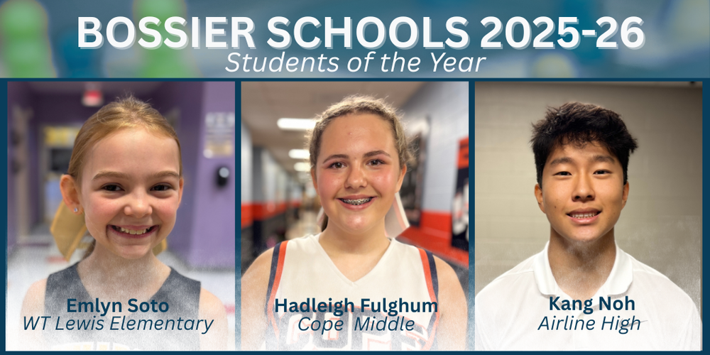 Bossier Schools 2025-26 Students of the Year; Emlyn Soto, Hadleigh Fulghum and Kang Noh
