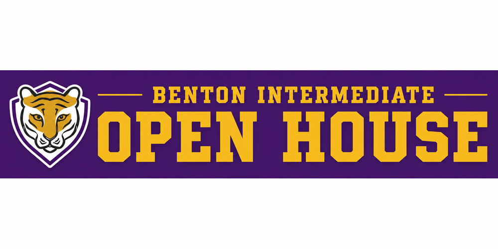 "Purple banner with the Benton Intermediate tiger mascot on the left and large gold text reading 'Benton Intermediate Open House.' The design serves as a header graphic for a school open house announcement."