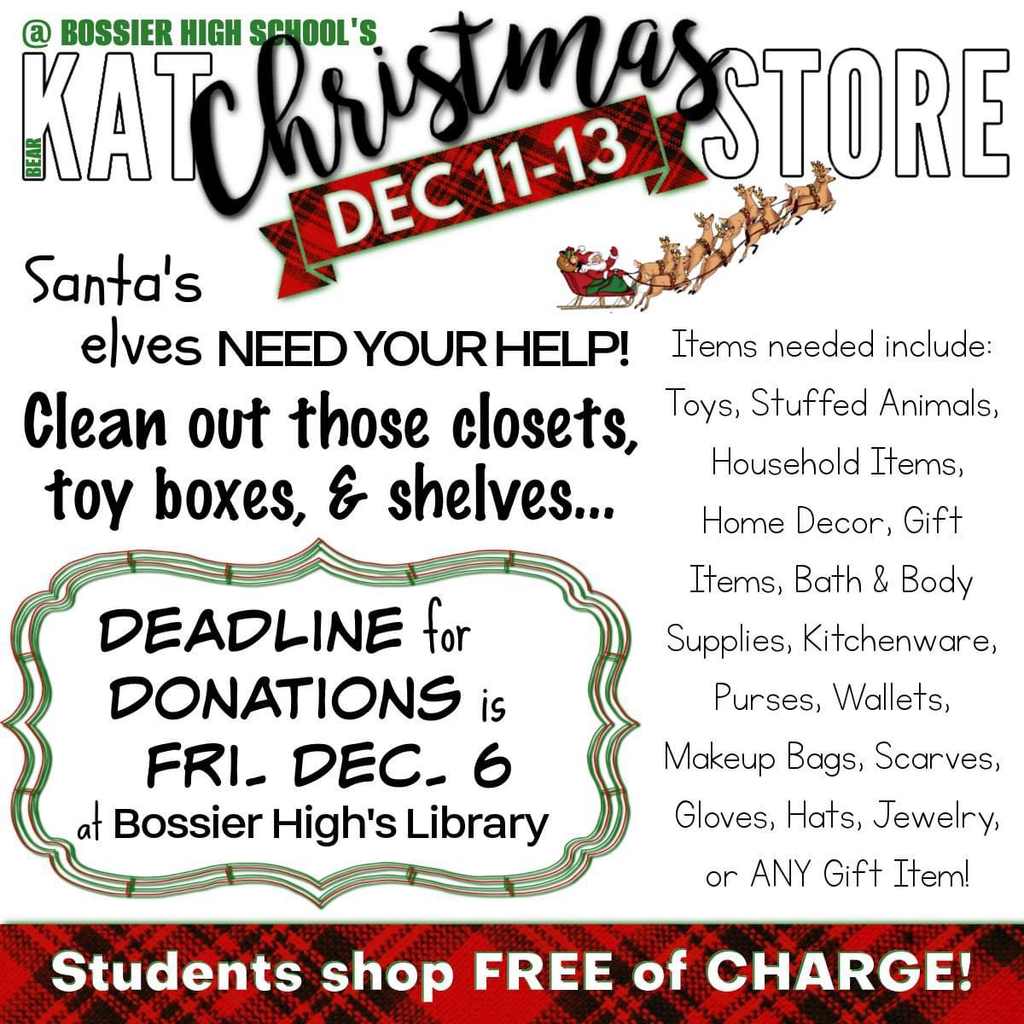 Donation request for the Kat Christmas Store. Deadline is Friday December 6