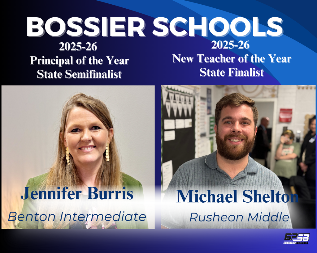 collage photo of Jennifer Burtis, Benton Intermediate-State Principal of the Year Semifinalist and Michael Shelton, Rusheon Middle, New Teacher of the Year State Finalist